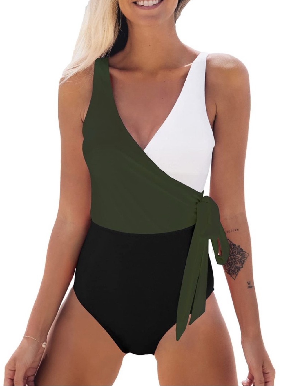 Women’s Colorblock One-Piece Swimsuit - Olive, White & Black